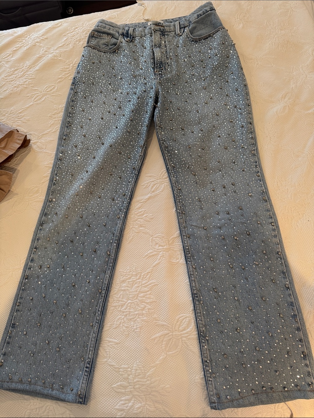 Good American Light Blue Jeweled Wide Leg Jeans Size 10. Retail over $245.